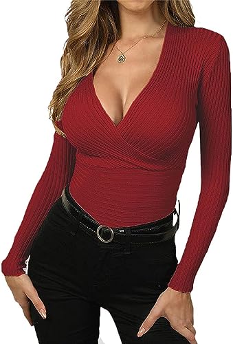 Wenrine Damen Pullover Tiefer V-Ausschnitt Wickel Strickpullover Sexy...