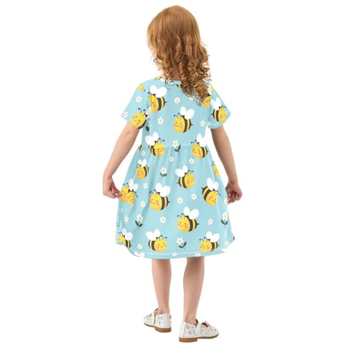 Emelivor Bees Cartoon Teal Girls Summer Dress Toddler Girl Skater Dresses Short Sleeve Dress for Kids,2T3