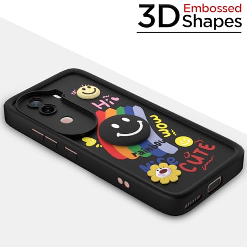 Image of Pikkme Back Cover for iQOO Z9s 5G / Vivo V40e 5G | Soft Silicone| Cute Rainbow Smile & 3D Cartoon Flower Design | Shockproof Raised Camera Protection Bumper Case (Black)