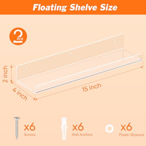 Image of Dooiclear 2 Pack Floating Shelves for Wall, 15 inch Clear Floating Wall Shelf