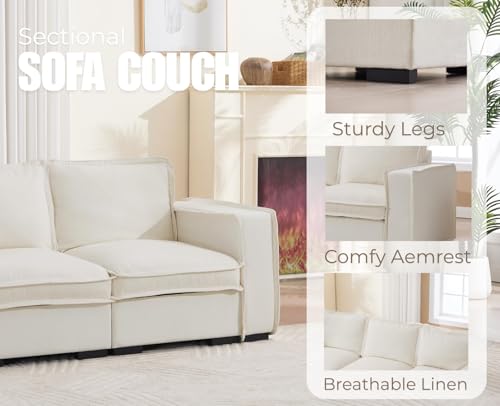 Image of EALSON 119 inch Modular Sectional Sofa Modern Comfy 4-Seater Couch Sofa Linen Fabric Cloud Couches with 24 inch Deep Seat and Wooden Legs for Living Room /Bedroom, White