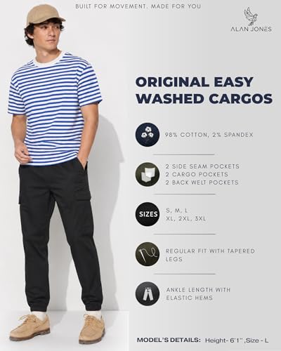 Image of Alan Jones Men's Cargo Jogger Pants | Regular Fit Tapered Joggers with Elastic Waist & Hems | Cotton Stretch Utility Pocket Track Pants | Casual Everyday Wear