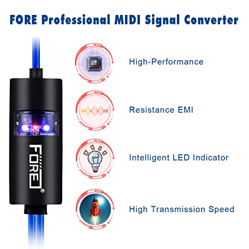 FORE MIDI to USB Interface MIDI Cable Adapter with Input&Output Connecting with Keyboard/Synthesizer for Editing&Recording Track Work with Windows/Mac OS for Studio USB 2.0 Color Black&Black - 2m