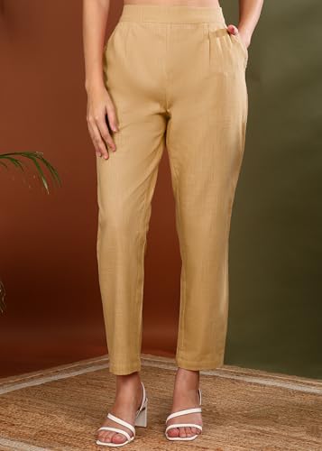 Image of Yash Gallery Women's Regular Fit Mid Rise Solid Cotton Slub Ankle Length Regular Trouser Pant