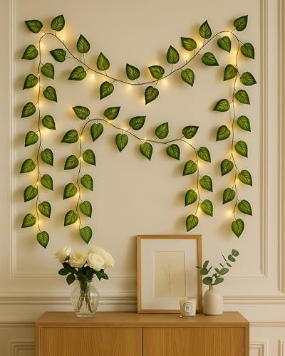 Image of Homesake Battery Operated Home Decor Money Plant Leaf Garland Wreath Vine, Ramadan Decorations for Home, ramzan Festive Decor, Diwali Lights for Decoration Home 50 LED - Set of 2(Plastic, Green)