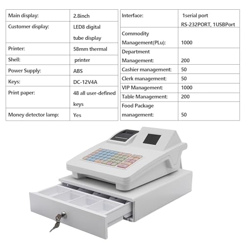 Image of 48-Button Cash Register, Cash Register Box Cash Register with Scanner for Restaurants and Supermarkets 14.2 x 13.2 x 10 Inch (White)
