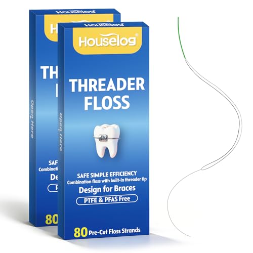 Houselog 3-in-1 Dental Floss with Threaders for Braces Bridges and Crowns - 160 Count Pre-Cut Strands - Spongy Floss Middle & Regular Tail for Orthodontic Oral Care