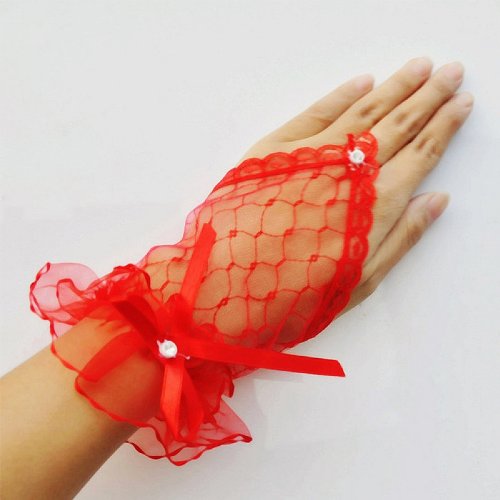 CIMC LLC Women's Lace/Voile Fingerless Wrist Length Short Bridal Gloves (Red)