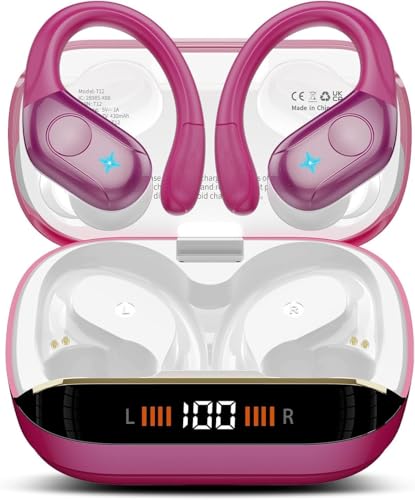 Image of Qecnato Earbuds Bluetooth 5.4 Headphones 75H Over Ear Buds with Earhooks, LED Display Bluetooth Earbuds IP7 Waterproof Earphone for Running, Rose Gold
