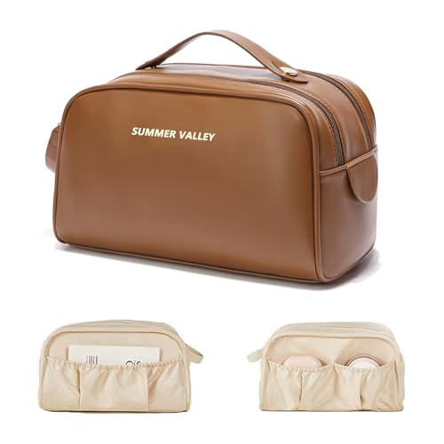 shemkdso Travel PU Leather Makeup Bag Large Capacity Toiletry Travel Cosmetic Bag for Women Waterproof Portable Pouch