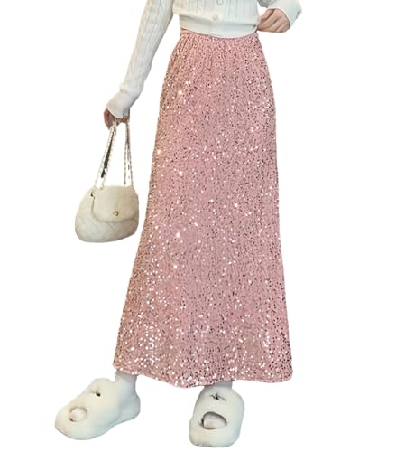 ADWAXDA Sparkly Skirt for Women, Elastic High Waist Sequin Maxi