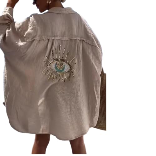Chemise mauvais œil femme d'été ample en coton long chemisier streetwear à paillettes