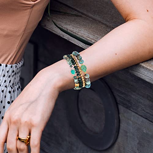 Bohemian African Turquoise Beaded Bracelets For Women, 4Pcs Stackable Natural Stones Stretch Bracelet Set With Charm, Multilayered Matte Turquoise Chips Beads Bracelets Handmade Boho Jewelry Gift #TOP1