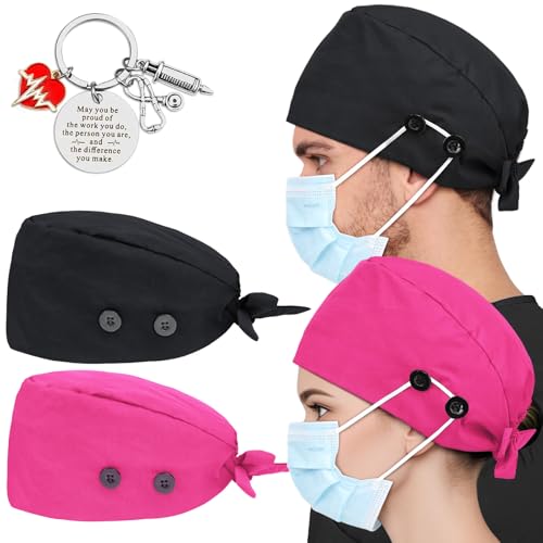 Image of 2 Pcs Satin Lined Scrub Cap Nurse Hats for Women Men 4 Buttons
