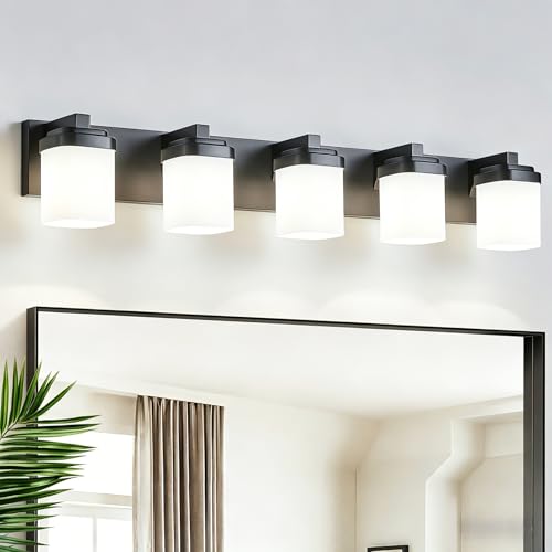 Image of 36.5 Inches Bathroom Vanity Light, 5-Light Black Bathroom Light Fixtures Over Mirror, Bathroom Light Shower Lamp with Milky White Square Glass Shade, Modern Farmhouse Lighting Fixtures