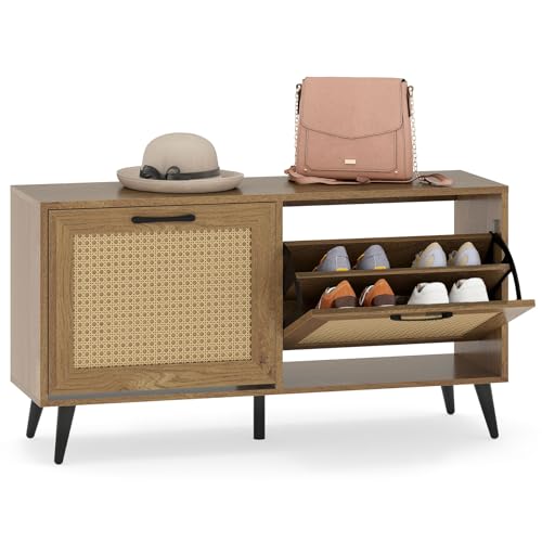 COSTWAY Banc Chaussures Entrée en Rotin, 2 Tiroirs Rabattables, Banc de Rangement, Étagères Réglables Amovibles, 5 Pieds Métalliques, Banquette pour...