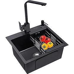 Fregadero Negro Bricodepot Fregadero de cocina empotrable de acero inoxidable, 40 x 45 cm, color negro, giratorio 360°, para bajo encimera (fregadero + grifo + dispensador de jabón, negro)