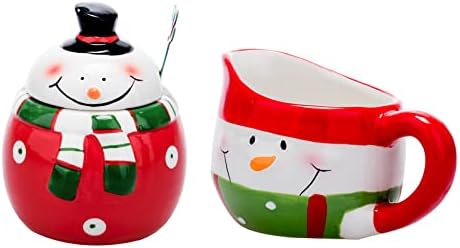 Christmas Sugar and Creamer Set - Ceramic, Adorable Snowman Design - Dishwasher and Microwave Safe