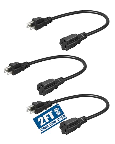 DEWENWILS 3-Pack 2FT Heavy Duty Extension Cord 16 AWG SJTW Weatherproof Power Cable for Indoor 3-Prong Grounded Plug for Holiday Decor/Home/Garden ETL Listed Black