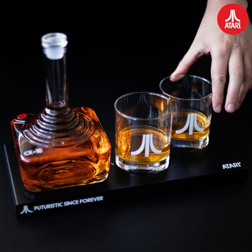 Official Atari Joystick Decanter Set with 2 x Atari Action Button Whiskey Glasses and CX78+ Games Pad Tray, for Whiskey, Scotch & Gin, 750ml Decanter, 300ml Glasses, Birthday Gift for Men – ThumbsUp!