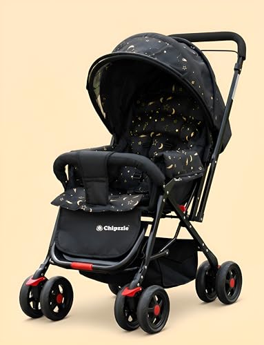Image of Ezy Go+ Baby Stroller Pram with Mosquito Net | Reversible Handle, Full Recline & Foldable | All-Terrain 360Swivel Wheels, Safety Harness, Large Storage Basket | Thick Cushion Seats for Newborns to Toddlers 0-3 years (Black - Stars)