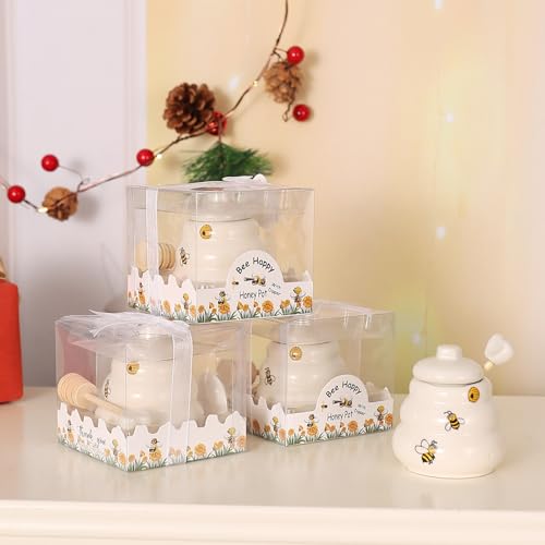 12 Sets Ceramic Bee-Happy Honey Pot with Dipper?Honey Jar Serving Set with Exquisiting Package for Wedding Favor,Bridal Shower Favor, Baby Shower Favor?Party Favor (12)