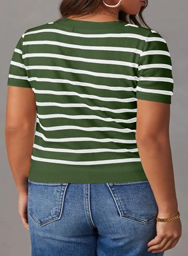 Image of Eytino Women Plus Size Sweater Tops Short Sleeve Crewneck Striped Tshirts Casual Summer Blouses Shirts(1X-5X)