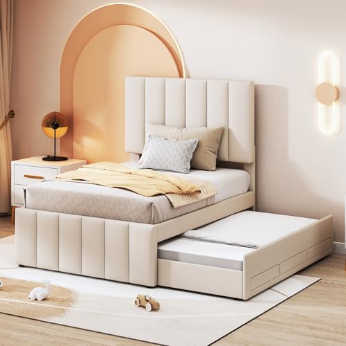 Cama tapizada de 90 x 200 cm con cama plegable y cajones de almacenamiento. Acolchado de lino agradable al tacto. Cama individual plana. Cama infantil. Cama juvenil. Cama de invitados (beige)