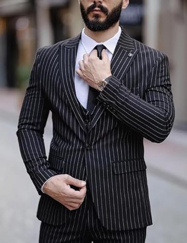 YZRIZM Men's Casual Suits Fit 3 Piece Tuxedos Stripe Double Breasted Blazer Vest Pants for Wedding4