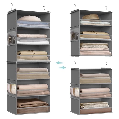 SONGMICS Hanging Closet Organizer, 6-Tier Fabric Storage Shelf, Separable Closet Hanging Shelf with Side Pockets, Foldable, Metal Hooks and Bamboo Inserts, Dove Gray URCH007G01