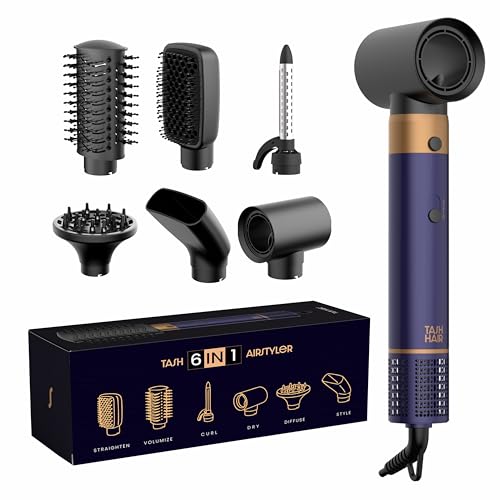 Tash Hair 6-in-1 AirStyler- Hot Air Brush, Straightener Brush, Curling Tong, Blow Dryer, Concentrator & Diffuser | 50% Less Hair Breakage, 1200 Watts, 3 Heat Settings | All in One Multi Styler