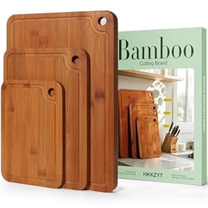 Bamboo Cutting Boards for Kitchen Set of 3, Wooden Cutting Board Non Toxic with Side Handle, HKKZYT Wood Chopping Board with Deep Juice Groove, Knife-Friendly, Kitchen Gift (Dark Color)