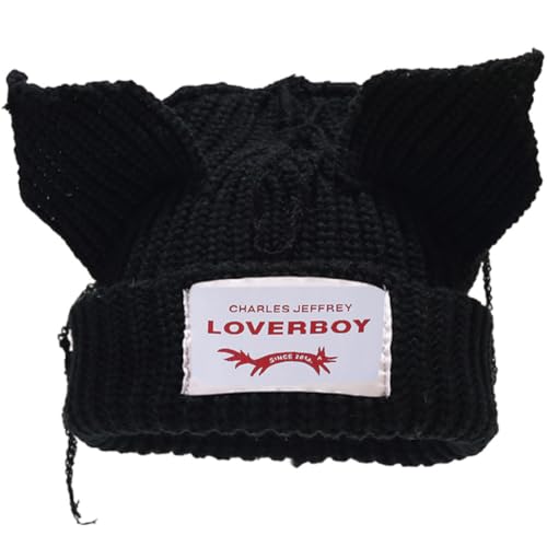 AMOFIA Womens Beanie Hat Winter Cuffed Knit Hats with Cat Ears Thick Warm Y2k Skull Caps Mens Ski Hat Black