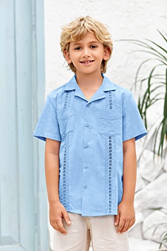 Boys Guayabera Shirts Cuban Short Sleeve Tops Casual Button Down Beach Shirt Spread Collar Solid Summer Blouse2