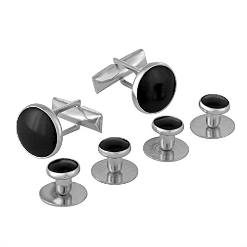 Buttonmode Tuxedo Shirt Studs And Cufflinks, Black With Silver Color Trim, 6 Piece Complete Set (4 Studs For Front, 2 Cufflinks For Sleeves) With 2 Backup Cufflinks, Stainless Steel And Enamel, 1-Set #TOP1