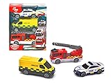 Dickie Toys 203712015DNS - 3-Pack Schwedisch Rettungsfahrzeuge - SOS-Team mit Krankenwagen, Feuerwehrauto und Polizeiauto mit Freilauf, Ab 3 Jahren