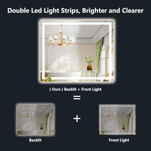 Image of 44x32 Inch LED Bathroom Mirror with Lights Front and Backlit Lighted Vanity Mirror for Bathroom Wall with 3 Colors Dimmable Anti-Fog Memory Shatter-Proof IP54 Waterproof Horizontal /Vertical