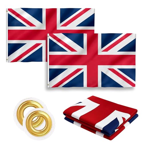 Union Jack Flag 2 Pcs 5ft x 3ft Large Premium GB Britain Flag with Brass Metal Eyelets & Premium Polyester | Outdoor, Balcony Display & UK Patriotic Celebrations