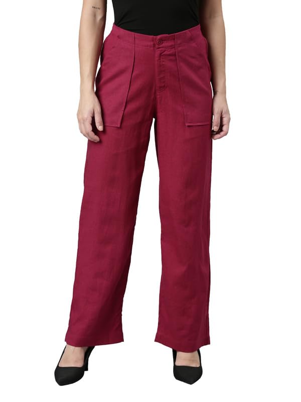 Image of GO COLORS Solid Linen Cargo Pants for Women | Full Length, Mid Rise, Side Pockets