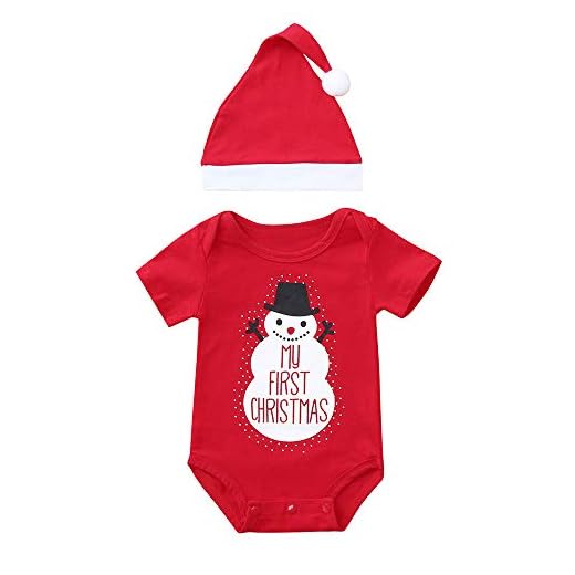 DAY8 Combinaison Noël Bébé Premier Noël Vêtements Bébé Fille Hiver Barboteuse Bébé Garçon Naissance Automne Body Nouveau Né Fille Pyjama Grenouillères Tenues + Chapeau de Noël (70(0-6 Mois), Rouge)