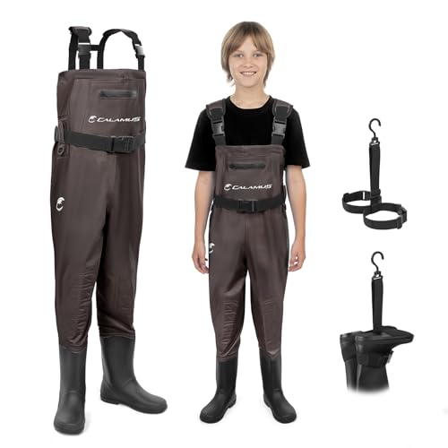 Calamus WaveWalker Kids Waders with PVC Boots Youth Waders 100% Waterproof Protection DWR Knee Pads EVA Insoles 45Brown