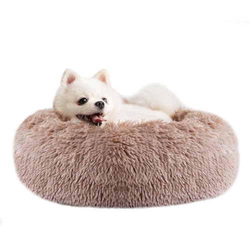 Epochtech 猫 ベッド 犬 ペットベッド 丸型 犬用ベット 洗える ふわふわ ドーナツ 猫クッション 滑り止め 暖かい 防寒 冷房対策 子犬 小型犬 猫用 サイズ選択可 カラー選択可 (50cm, ベージュブラウン/取り外し可能)