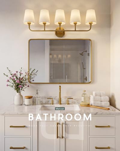 Image of 5-Light Brushed Gold Bathroom Vanity Light with Linen Fabric Shade | 35 Inch gold bathroom light fixture over mirror, UL listed, E26 bulbs, hardwired, upward only, VL837-BG-A-5