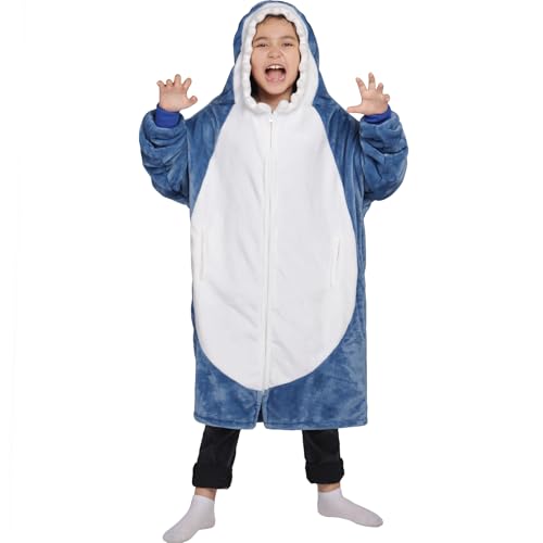 Waitu Shark Wearable Blanket for Kids Shark Blanket Hoodie Funny Birthday Gifts for Women Men Boys Girls Shark Hooded Blanket Cute Flannel Shark Costume for Shark Lovers (Kids Blue)