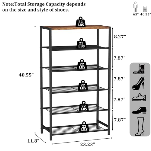 Image of HOMEFORT Shoe Rack 6-Tier, Shoe Storage Shelf, Industrial Shoe Tower, Narrow Shoe Organizer for Closet Entryway, Small Shoe Rack Table with Durable Metal Shelves, Rustic Brown