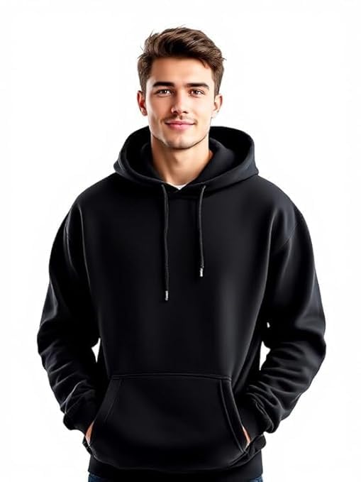 Men's Pullover Hoodie, Black, Long Sleeve, Kangaroo Pocket, Drawstring Hood-picture-24
