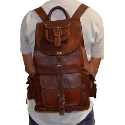 IZAC & DAUD Men Travel Backpack, Genuine Leather Retro Distressed Cowhide Leather Backpack for Men Travel Weekender Daypack (22-Inch)4