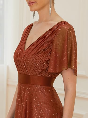 Image of Ever-Pretty Women's Summer Glitter Formal Dresses Evening Gown V Neck Short Sleeves Floor Length Mother of Bride Dress 50159