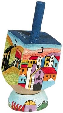 Jerusalem Vista, Hand Painted Small Wooden Dreidel and matching Stand by Yair Emanuel