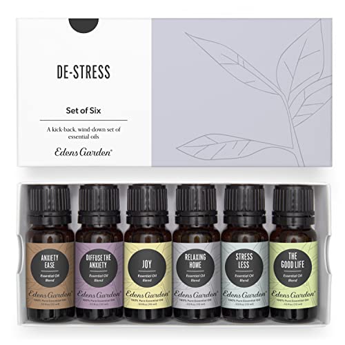 Edens Garden Essential Oils De-Stress 6 Set – 100% Pure Therapeutic Grade, Undiluted Aromatherapy Blends for Relaxation, Calming & Mood – Ideal for Diffusers, Home, Office & Self-Care, 10 ml/ 6 Pack